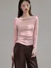 Camiseta de Manga Larga para Mujer, Estilo Suave con Hombros Descubiertos, Volantes en la Cintura, 260g Eco-Seda, para Otoño