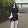 Estilo Nuevo de Verano Artístico y Juvenil Versátil Adelgazante Talla Grande Holgada Camisa de Algodón para Mujer Casual Bordada Top de Longitud Media