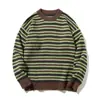 Suéter Jianheng para Hombre Otoño e Invierno Retro Pulóver Superior Holgado Casual Rayas Color de Contraste Cuello Redondo Suéter Pareja Mujer