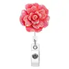 Carretel de Crachá Retrátil ABS Brilhante com Pedras de Diamante de Resina Flor Rosa Branca Porta-Crachá de Puxar Fácil