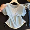 26 Suéter de Tricô Fino Cinza Vazado Slim-Fit Manga Longa Falso Duas Peças Decote V Cordão Moda Versátil Top para Mulheres