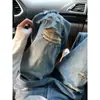 Jeans de calle rotos estilo americano para mujer, nuevos, talla grande, corte holgado, adelgazantes, versátiles, de pierna recta, largos hasta el suelo, de pierna ancha