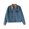 Chaqueta de Mezclilla Xin Ge Color Bloque Atmosférico Cuello de Gamuza Azul Lavado Suelta Corta Adelgazante Versátil para el Trabajo Top para Mujer