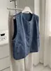 Chaqueta corta retro de estilo japonés de otoño para mujer, con un diseño elegante con costuras visibles, cuello redondo, cierres de botón y bolsillos tipo chaleco de mezclilla.