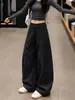 Calças Femininas Pretas de Seda Gelo com Barra Curva, Outono Engrossadas Soltas Casuais Esportivas de Secagem Rápida, Calças de Trabalho Wide-Leg Petite