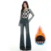 Calça Flare Feminina 2026 Outono/Inverno Nova Veludo Plus Tamanho Emagrecimento Bordado Rasgando Osso Máquina Especial Elástico Cintura Alta Retro Azul