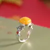 Anel Vintage Novo Estilo Chinês Prata S925 Cubo de Açúcar Âmbar Pequeno, Anel Ajustável Estilo Antigo Dedo Indicador Nicho