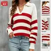 Suéter de Punto para Mujer de Comercio Exterior Transfronterizo Otoño e Invierno, Suéter de Manga Larga con Cuello Polo, Top de Punto Holgado a Rayas de Bloques de Color para Mujer