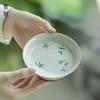 Olla redonda de bambú verde pintada a mano pura con viga grabada, soporte de cerámica para placa de burbujas secas, soporte para tetera de mesa de té, plato para aperitivos, ceremonia del té, combinación perfecta