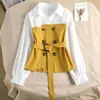 Blusas de outono para mulheres petite, gola polo patchwork, estilo Chanel irregular, versátil e fashion, com design que afina a cintura, camisa de manga longa