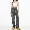 Jeans de Trabajo Camuflaje Verde Militar para Mujer, Diseño High Street, Hip-Hop, Retro Dulce y Picante, Pierna Ancha Casual Rectos