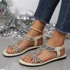 A pronta entrega plus size transfronteiriça~Sandálias slip-on estilo boêmio para mulheres, sola plana, vazadas, com strass brilhantes, elegantes