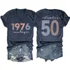 1976 Vintage Capítulo50 Amazon Ebay Sitio Independiente Moda Versátil Camiseta de Manga Corta con Cuello en V para Mujer