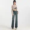 Jeans Retro Azules Elásticos de Cintura Alta Pierna Ancha para Mujer, Estilo Nuevo, Adelgazantes, Pantalones Rectos Estrechos