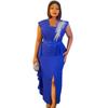 Oferta Especial Vestido Tubinho Slim Fit com Fenda para Mulheres Africanas com Babados de Strass Moda Falso Duas Peças Sem Mangas