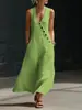 Primavera Verão 2026 TikTok Transfronteiriço Europa América Estilo Preguiçoso Decote V Botões Sem Mangas Colete Algodão Linho Vestido Casual