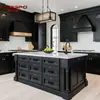 Gabinetes Sólidos de Madera Estilo Americano Personalizados para Fábrica de Comercio Exterior, Gabinetes de Cocina Retro Franceses con Incrustaciones Doradas y Tallado, Hechos a la Medida para Toda la Casa