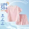 Traje Esportivo de Verão 2025 com Proteção UPF50+ para Crianças, Estilo Coreano, Seda Gelada Respirável, Conjunto de Duas Peças com Shorts e Manga Curta para Uso ao Ar Livre