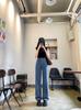 Jeans Vintage de Listras Verticais Reto para Mulheres Baixas, Cintura Alta, Solto, Emagrecedor, Versão Estreita, Calça Casual de Perna Larga Comprimento Total