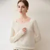 Suéter Base de Tricô Cashmere Renda Gola Quadrada Manga Longa Vazado Cor Pura Solto Inverno 2026