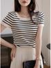 Verano Estilo Occidental Adelgazante Cuello Redondo Retro Francés Slim Camiseta Base Rayada Tejida Manga Corta Top Primavera y Verano A3579