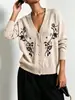 Cardigã de malha bordado outono e inverno novo transfronteiriço, tendência europeia e americana, para mulheres, casaco suéter V-neck floral retrô solto