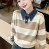 Suéter de malha listrado em preto e branco com gola jeans, estilo faculdade, estilo coreano, duas peças falsas, para mulheres, novo suéter color block para outono e inverno de 2026