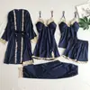 Nuevo Conjunto de Lencería Sexy de Seda Transfronterizo para Comercio Exterior con Almohadillas en el Pecho, Conjunto Dorado Floral de Cinco Piezas, Ropa de Casa Delgada