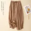 279 # Calça lanterna de algodão e linho de cor sólida artística para mulheres, primavera-verão, cintura elástica, cordão, modelagem solta, tamanhos grandes, calça casual cropped de perna larga