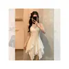 Tecido de Chiffon Grosso + Forro, Estilo Francês Inspirado em Chanel Leve Luxo Fashionável Estilo Socialite Vestido Transparente com Alça de Renda