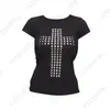 Moda de Verão Transfronteiriça Novo Estilo Americano Sexy Garota Quente Slim Fit Hot Diamond Gola Redonda Camiseta Tops Femininos