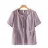 Camisa de manga curta que cobre a barriga, blusa estilo nacional de verão Tencel para mães, 2024, novo terno de duas peças para mulheres de meia-idade e idosas
