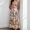 Outono de 2026 Nova Moda Feminina Conjunto Estilo Europeu e Americano Transfronteiriço Conjunto de Vestido Longo Estampado com Alça de Espaguete Casual para Férias