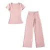Conjunto de Ropa de Casa: Camiseta de Manga Corta Ajustada con Cuello en U Estilo 'Hot Girl' + Pantalones Rectos Sueltos de Cintura Estrecha con Cordón