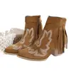 Botas de Cowboy Bordadas Amazon para Mulheres Outono/Inverno 2025 Novas Vintage Bico Fino de Calçar Tamanho Grande Bota de Cano Médio com Totem para Mulheres