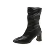 Botines Retro de Moda con Punta Cuadrada y Tacón Grueso para Mujer 2025 Otoño e Invierno Nuevos Botines Versátiles de Tacón Alto y Delgados para Mujer