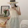 Vestido Tricotado Elegante Verão Retro Chic Coreano Gola Redonda com Recorte em Renda Fenda Lateral Sem Mangas