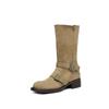 Fivela de Cinto Dobrável de Uso Duplo Botas Western Cowboy em Camurça Estilo Novo Inverno 2025 Salto Médio Grosso Bico Redondo Botas de Cano Médio para Mulheres