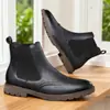 Botines Chelsea Brogue Británicos Retro con Tallado para Hombre de Cuero Genuino Elásticos Slip-on Suela Gruesa Botines de Tobillo Martin para Hombre