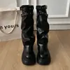 Botas de Pierna de Pantalón con Hebilla de Cinturón Plisada Estilo Retro Chica Picante para Mujer 2026 Otoño/Invierno Nuevas Botas Altas hasta la Rodilla con Punta Redonda Botas de Montar