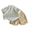 Traje de Verano para Niños, Nuevo Estilo Moda Cuadros de Manga Corta para Niños, Atractivo Conjunto de Dos Piezas Estilo Coreano para Bebé