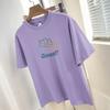 Camiseta de algodón grueso de 260 g para mujer, de verano, de manga corta, cuello redondo, diseño estampado bonito, camiseta de media manga.