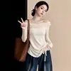 Blusa de manga larga con hombros descubiertos y ribete de encaje, estilo puro deseo, talla grande para mujer, otoño, plisada, adelgazante, con hombros descubiertos