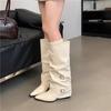 Botas Femininas Apontadas com Fivela e Franzidos Empilhados, Salto Bloco Estilo 2025 Estilo Punk Botas de Motociclista, Botas Longas de Salto Alto Tendência