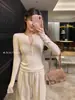 Top de punto con cuello semiabierto para mujer, para primavera y otoño, chic estilo coreano, capa base de punto única, top de manga larga, suéter