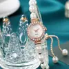 Pulsera de cuentas blancas para mujer, compacta y exquisita con caja incrustada de diamantes, esfera sencilla de pedrería, moderno reloj de cuarzo