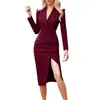 Elegante Vestido de Color Sólido Estilo Commute para Mujer, Nueva Moda Otoñal Europea y Americana, Cuello de Solapa de Botones Individuales Ajustado Largo