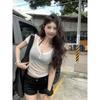 Foto real precio real verano puro sexy viento de chica caliente camisa de manga corta con cuello de perspectiva delgada para mujer top corto ajustado