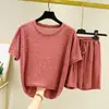 Traje de punto para mujer de verano, cuello redondo, manga corta, hilo floral, pijama suelto, fino, talla grande, shorts, traje casual de dos piezas