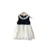 [En Stock] Vestido Infantil 2026 Verano Nuevo Contraste Blanco y Negro Encaje Lunares Malla Vestido para Niñas